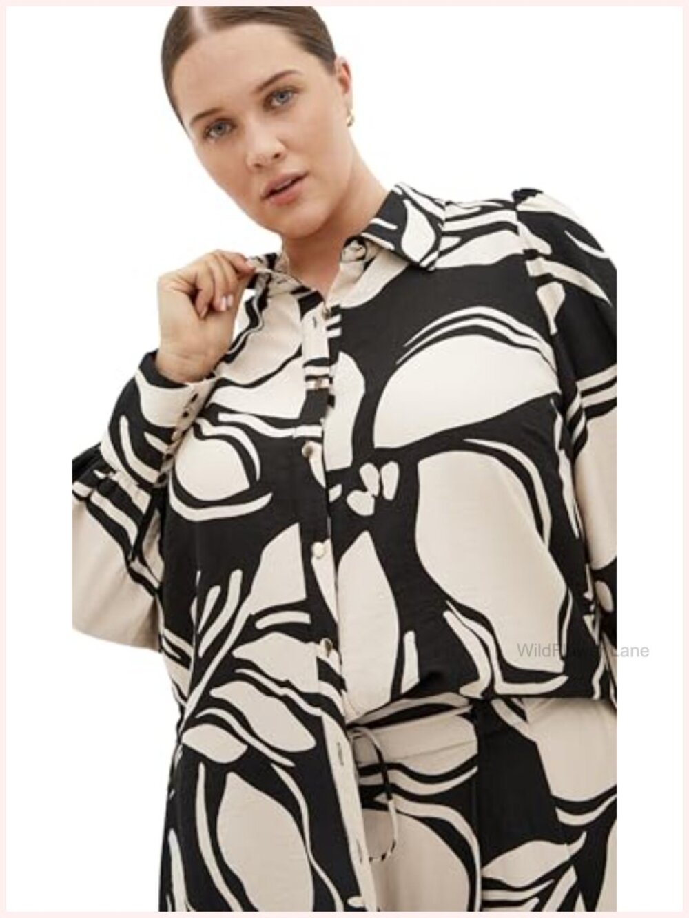 City Chic Rosabella Print Shirt Gold Button Accent Long Sleeve